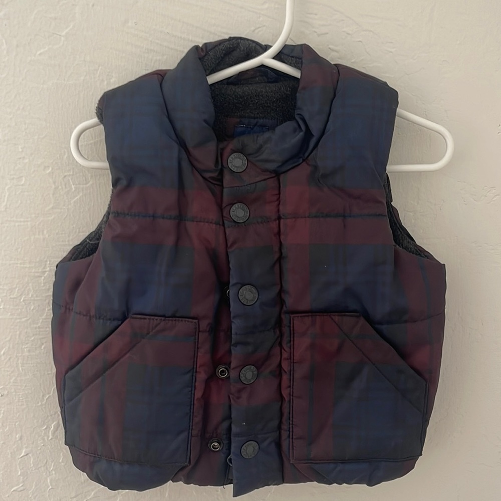Navy and burgundy plaid puffer vest